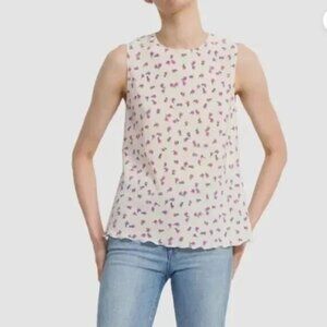 THEORY Ruffle Edge Shell Sleevelss Silk Blouse Pink daisies on cream Size P